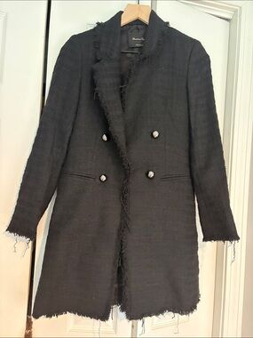 Massimo Dutti Black Frayed-Edge Double-Breasted Blazer Coat
